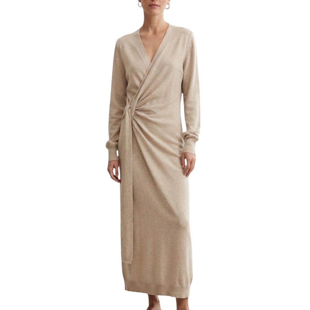 Exlura Sweater Dress Women M Tan Excellent Wrap Front Tie Waist Maxi Knit V-Neck